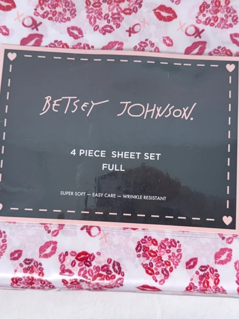 Betsey Johnson Full Sheet Set Lipstick Kiss Hearts Pink Bedding 4 Piece
